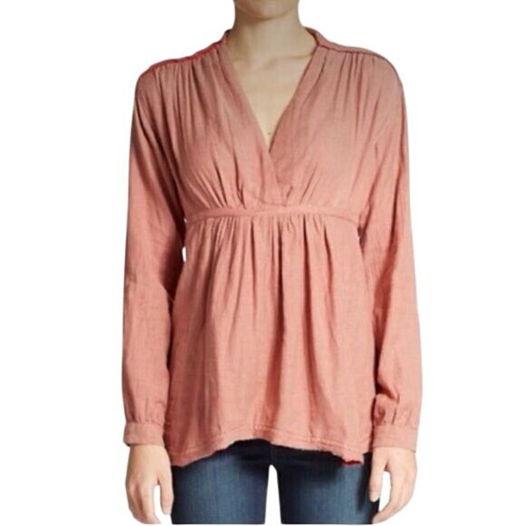 Free People Deep V-Neck Empire Waist Micro Striped Casual Baby Doll Top - Picture 6 of 11